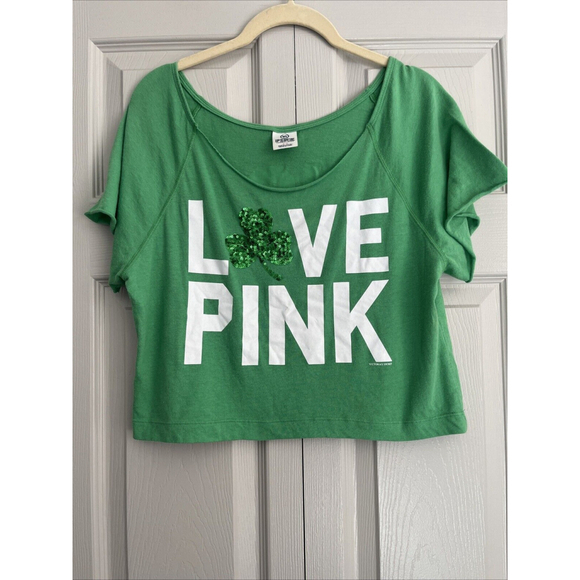 VTG Y2K Victoria's Secret Love Pink Green Irish Kiss Me Sequin Crop Top Size‎ S - Picture 1 of 10